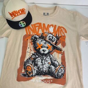 Infamous Cream and Orange Graphic Tee & hat Sz LARGE NWT